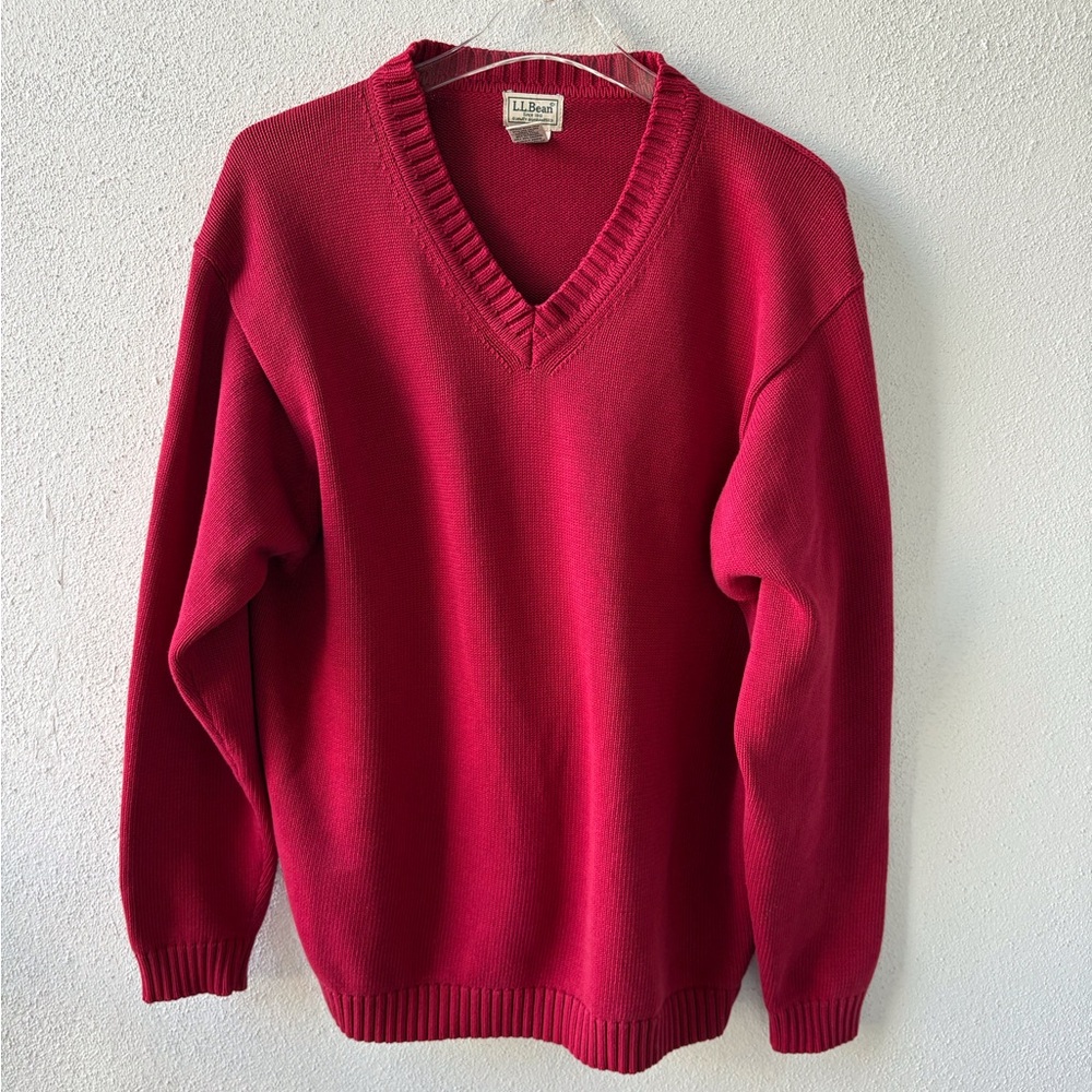 L L Bean Men Large Tall Cotton Red V-Neck‎ Sweater Casual Preppy Office Dadcore